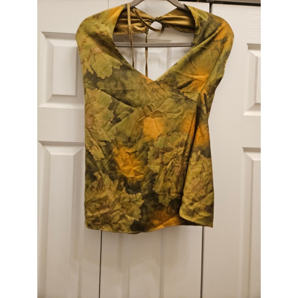 Tiger Mist Womens Halter Top Small Olive Green Yellow Floral Wrap Backless
